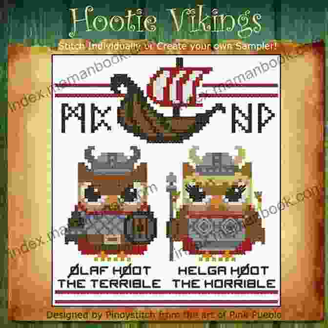 Hootie Helga Viking Cross Stitch Pattern Featuring A Fierce Viking Woman Surrounded By Norse Symbols And Intricate Knotwork. Hootie Helga Viking Cross Stitch Pattern